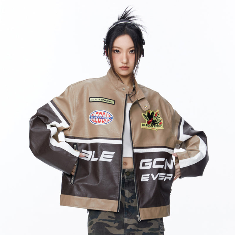 Women Jacket Stand Collar Contrast Color PU Leather Jacket Retro Biker's Coat