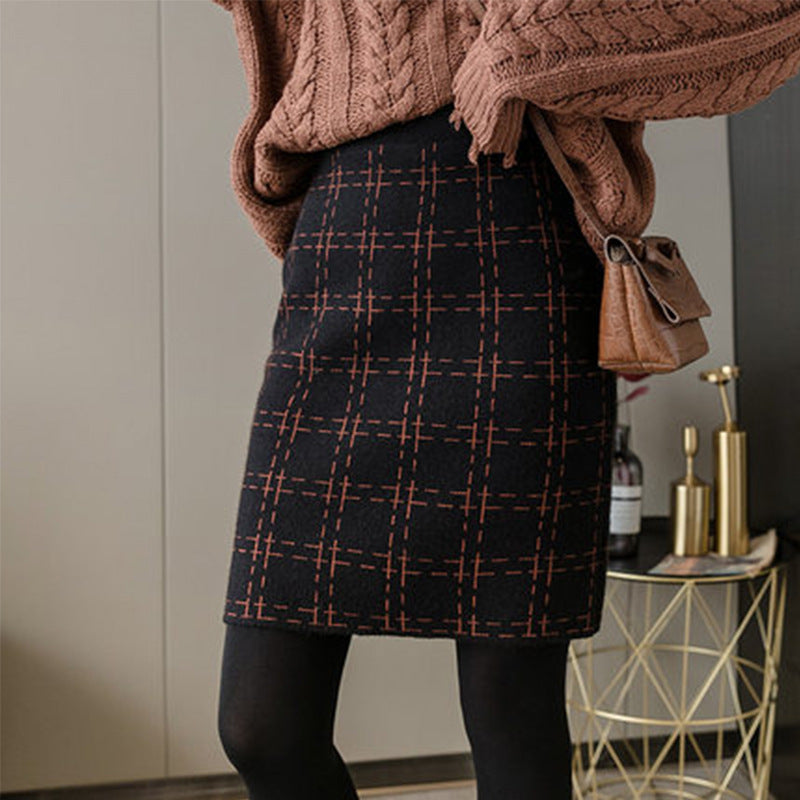 Women Knitted Skirt Retro Plaid Sheath Long