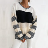 Women Knitted Sweater Fall Thin Pullover round Neck Black and White Contrast Color Sweater