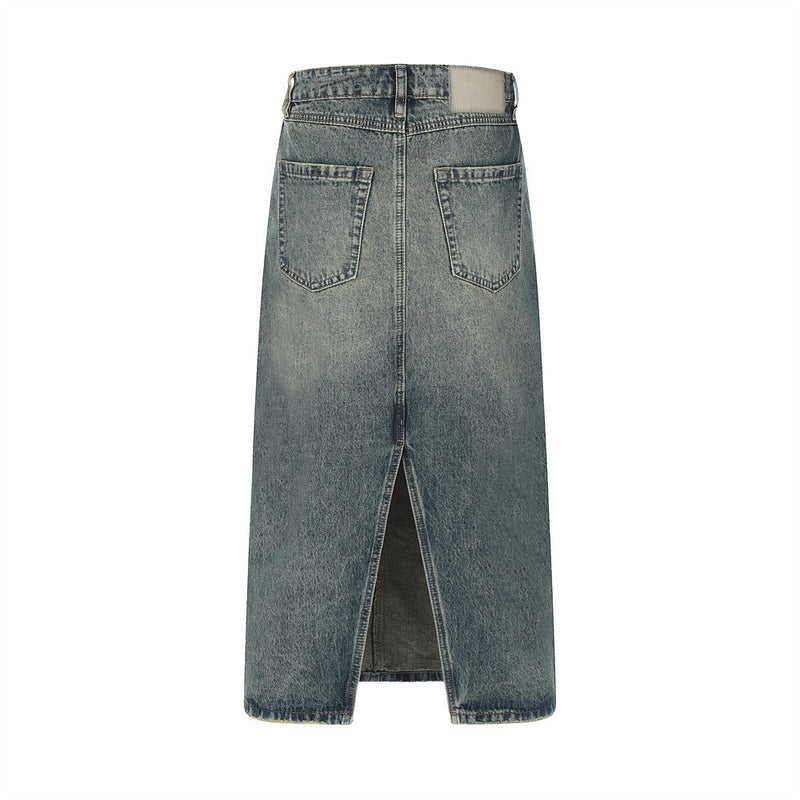 Women Long Skirt Back Slit Mid-Length Denim Skirt