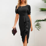 Women Date Dress round Neck Pleated Lace Dress