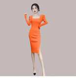 Women Maxi Dress Autumn and Winter Bubble Sleeve Mid-Length Hip Skirt Knitted Dress