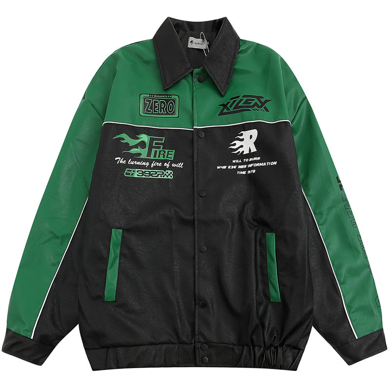 Men Jacket Coat Stitching Turn-down Collar Coat Men's Loose Letter Printed Motorcycle Jacket