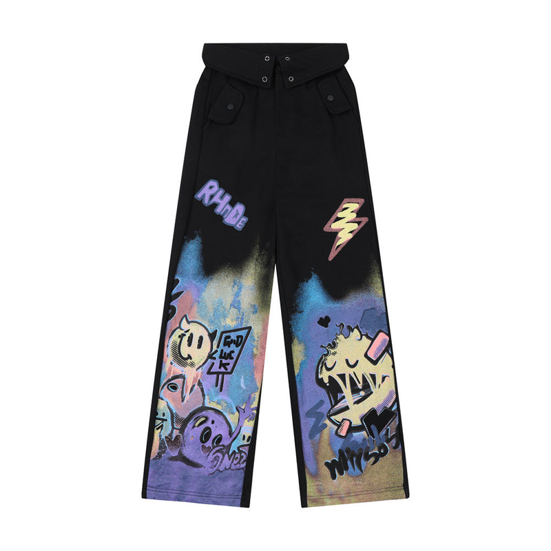 Men Sweatpants Cartoon Graffiti Printing Straight Casual Pants Men Loose-Fitting Wide-Leg Trousers