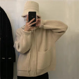 Women Knitted Cardigan Retro Hooded Cardigan Sweater Zipper Knitted Coat