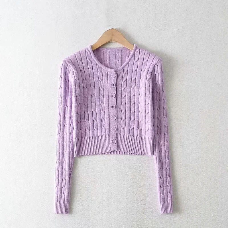 Women Sweater Knitwear Spring round Neck Twist Simple Single-Breasted Long Sleeve Short Knitted Cardigan