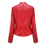 Red Leather Jacket Rivet Leather Clothing with Stand Collar Spring and Autumn Coat Women's Rivet Leather Clothing
