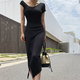 Women Dresses V-neck Black Slit Long Dress Spring and Summer Short Sleeve Dress
