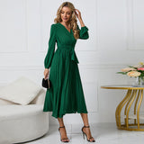 Women Date Dress Sexy V-neck Bubble Lantern Sleeve Pleated Skirt