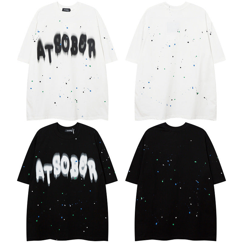 Men T Shirt Letter Graffiti Splash-Ink Couple Short-Sleeved T-shirt