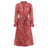 Women Date Dress Leopard Print Stud for Autumn and Winter Stand Collar Long Sleeve Dress Pleated Dress
