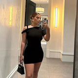 Women Dresses Summer Short Sleeve Solid Color Slim Fit Sexy Sheath Dress (Bla0420)