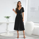 Women Date Dress Summer V-neck Puff Sleeve Lace-up Pleated Dress
