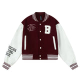 Women Jacket PU Leather Sleeve Baseball Uniform Embroidery Stitching Contrast Color Jacket Jacket