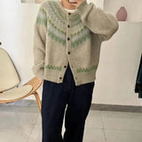 Women Knitted Cardigan Vintage Stripe Gray Sweater Autumn Crew Neck Cardigan