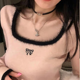Women Knitted Pullover Square Collar White Knitwear Spring and Autumn Sweater