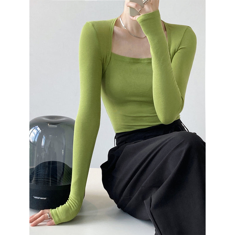Women T Shirt Long Sleeve Square-Neck T-shirt Women's Slim Top Autumn