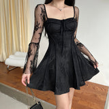 Women Dresses Lace Printed Long Sleeve Sexy Dress Autumn Short Skirt