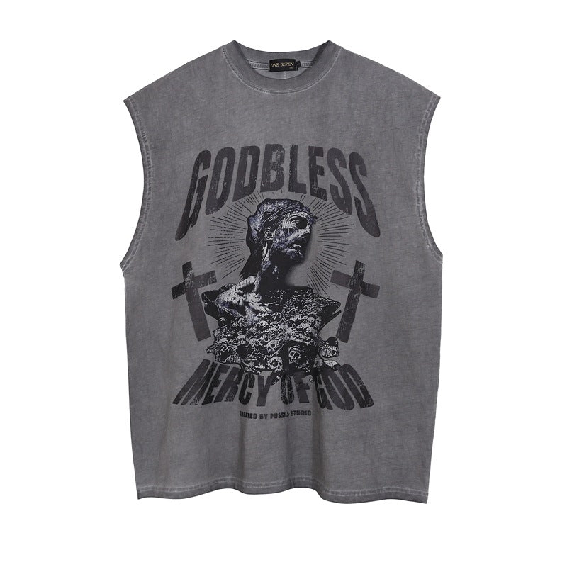 Men Vest Cross Vintage Distressed Sleeveless T-shirt Summer Loose Vintage Vest