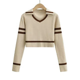 Women Sweater Knitwear Vintage Stripe Short Knitwear Autumn V Lapel Long Sleeves Cropped Top
