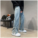 Men Jeans Ripped Jeans Men's Summer Letter Embroidery Slit Loose Straight Casual Trousers