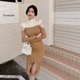 Women Maxi Dress Spring and Autumn Knitted Slit Long Dress Stand Collar Sexy Dress