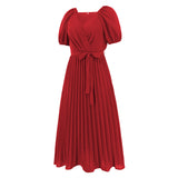 Women Date Dress Summer V-neck Puff Sleeve Lace-up Pleated Dress