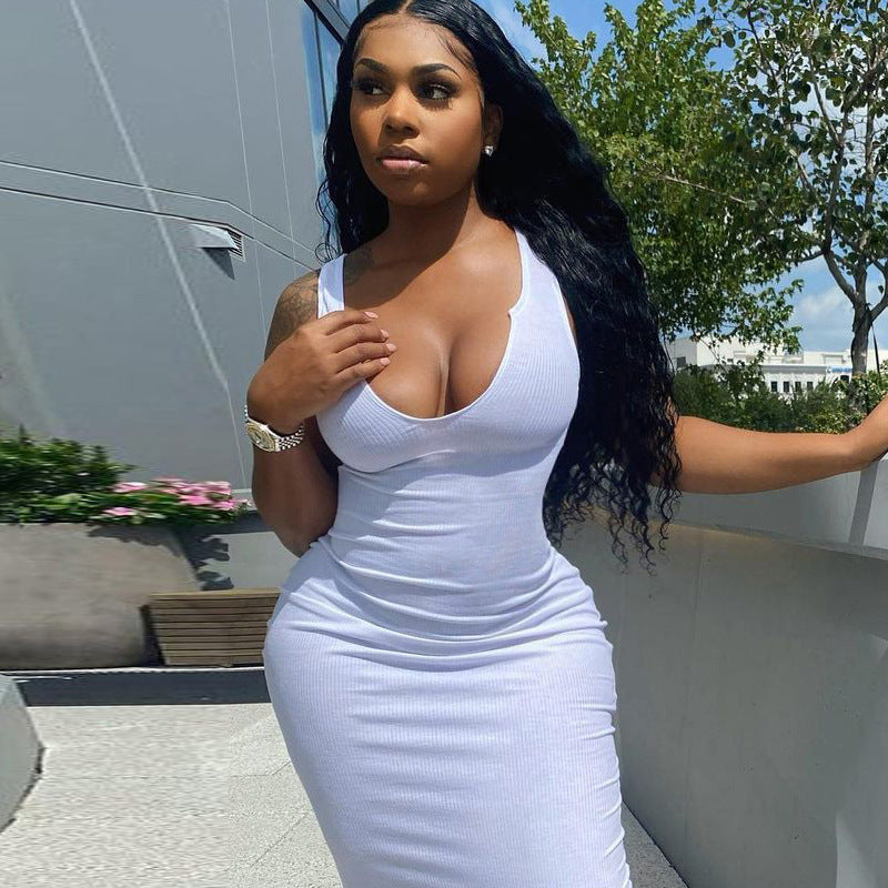 Women Dresses Spring Sexy U Collar Short Sleeveless Dress