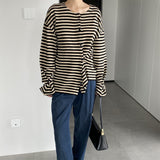 Women Cardigan Sweater Autumn Striped Long-Sleeved Top Loose round Neck 8t7300