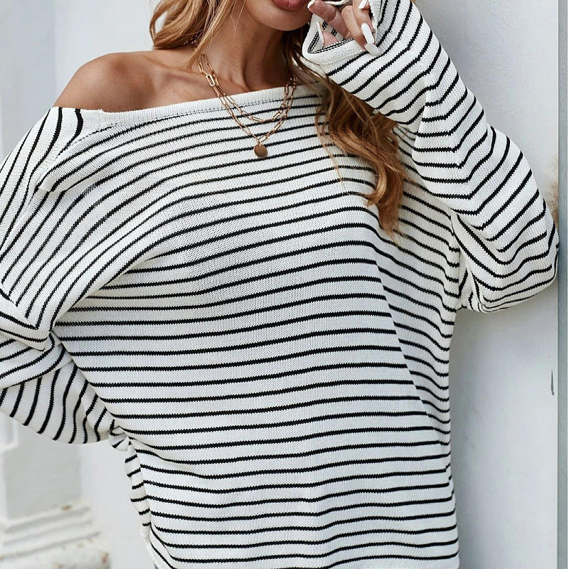 Women Knitted Sweater Striped Long Sleeve Sexy Backless Cross Sweater Women's Top