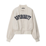 Women Jacket Letter Affixed Cloth Embroidered Baseball Uniform Jacket Loose Stand Collar Long Sleeve Jacket