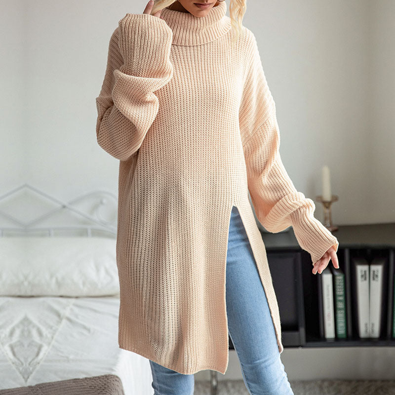 Women Knitted Sweater Fall/Winter Split Long Sleeve High Collar Sweater Dress