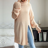 Women Knitted Sweater Fall/Winter Split Long Sleeve High Collar Sweater Dress