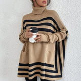 Women Knitted Sweater Turtleneck Striped Cape and Shawl Sweater Coat