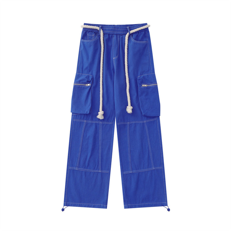 Men Sweatpants Multi-Pocket Denim Trousers Straight Pants Drawstring Jogger Pants