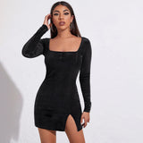 Women Dress Sexy Square-Neck Hip Skirt Velvet Long Sleeves Dress