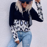 Women Knitted Sweater Autumn Stitching Long Sleeve Leopard-Print Sweater Loose