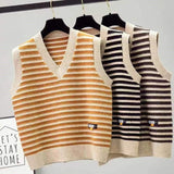 Women Knitted Pullover Autumn and Winter Knitting Female Striped V-neck Loose-Fitting Waistcoat