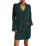 Women Dress Loose Casual Sexy V-neck Pocket Long Sleeve Dress Mini Dress
