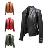 Red Leather Jacket Casual Leather Clothing Women's Stand Collar Zipper Slim Fit Motorcycle Clothing