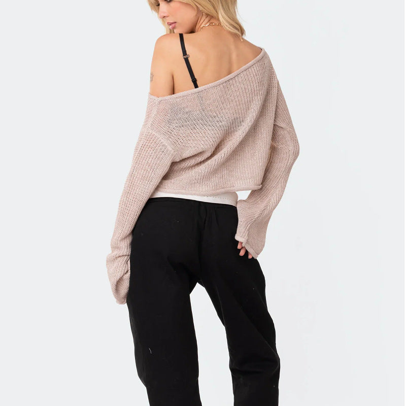 Women Knitted Sweater Loose Sweater Sexy See-through Bell Sleeve Pullover Sweater