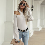 Women Knitted Sweater Autumn Knitted Pullover Solid Color Hollow out Shoulder-Baring Sweater