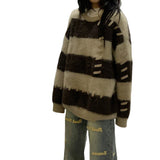 Women Knitted Pullover Vintage Stripe Knitted Sweater Loose Crew Neck Top