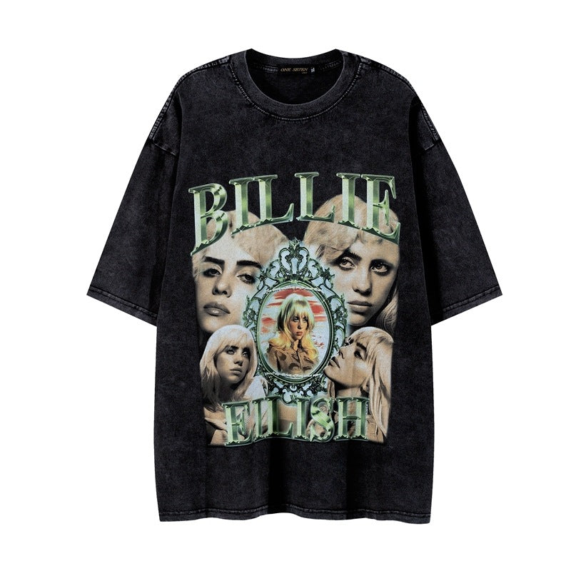Men T Shirt Vintage Portrait Wash Short Sleeve T-shirt
