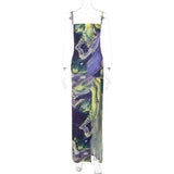 Women Dresses Autumn Printed Slim Fit Slit Backless Sling Dress