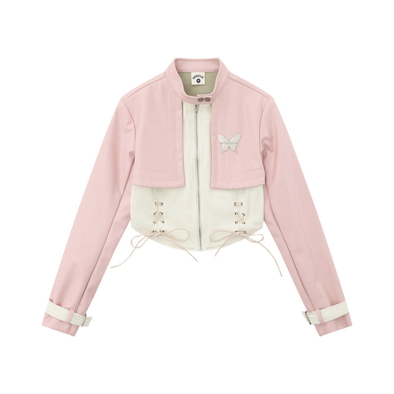 Women Jacket PU Leather Jacket Autumn and Winter Stand Collar Lace up Short Coat