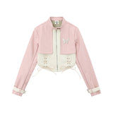 Women Jacket PU Leather Jacket Autumn and Winter Stand Collar Lace up Short Coat