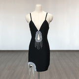 Women Evening Dress Sexy Sling Tassel V-neck Hollow Party Bandage Dress