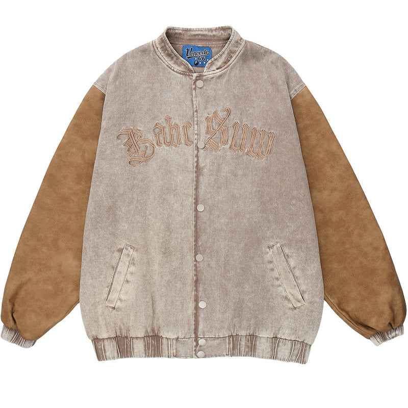 Men Jacket Coat Color Block Embroidery Letter Jacket Baseball Uniform Men's Head Washed and Worn
