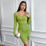 Women Dress Slim Fit Hip Skirt Knitted Long Sleeve Short Dress Mini Dress